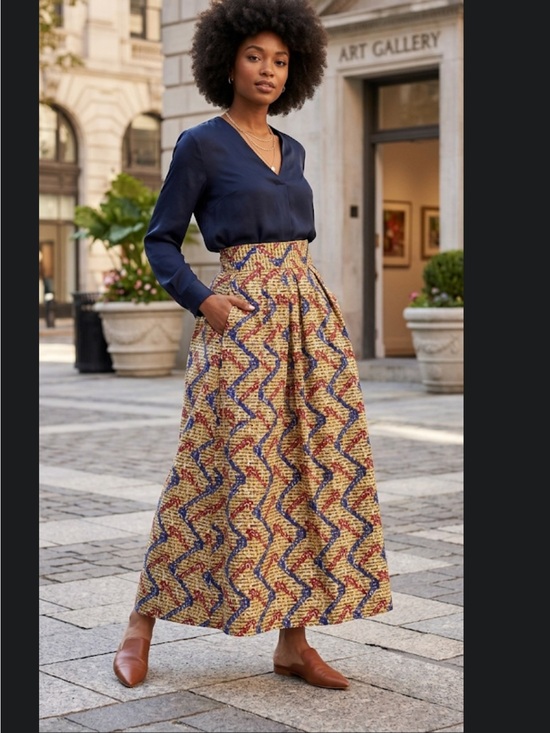 Handmade Dresses & Skirts - Festival Ready Patterned Maxi Skirt with Pockets - Navy, Yellow & Red